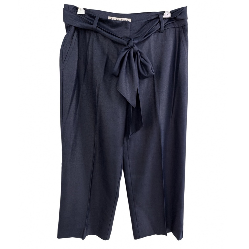 Trina Turk Navy Blue Wide Leg Cropped Tie Waist Trousers Women 6 Business Pant